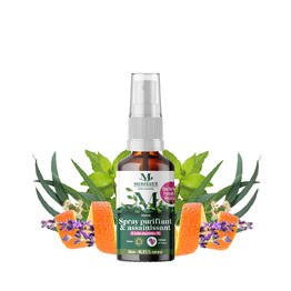 Spray purifiant et assainissant bio aux 45 huiles essentielles 30ml Un spray purifiant et assainissant pour purifier l'air et assainir naturellement l'espace.