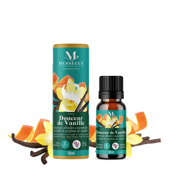 Douceur de vanille - synergie d'huiles essentielles et parfum La chaleur gourmande de la vanille alliée à la douceur florale et lumineuse des agrumes.