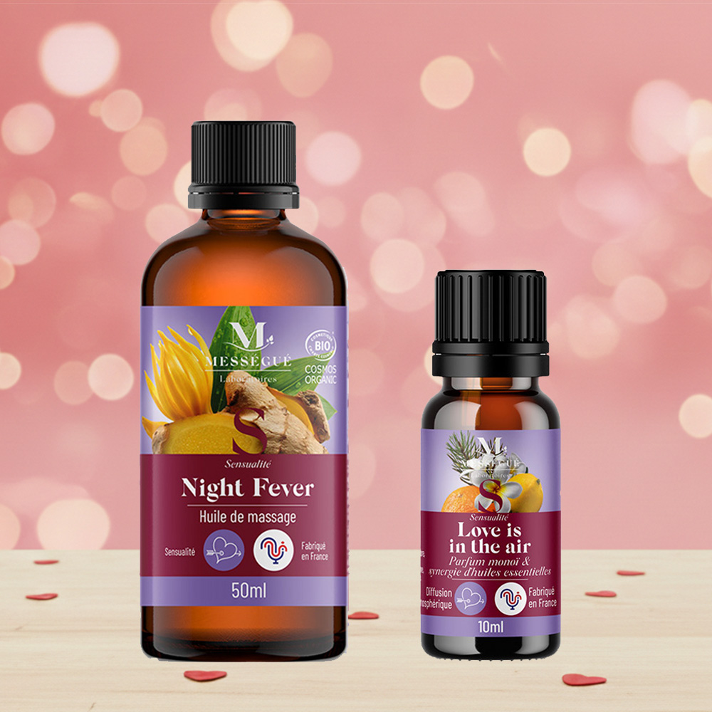 Duo huile massage & synergie dhuiles essentielles - plaisir intime