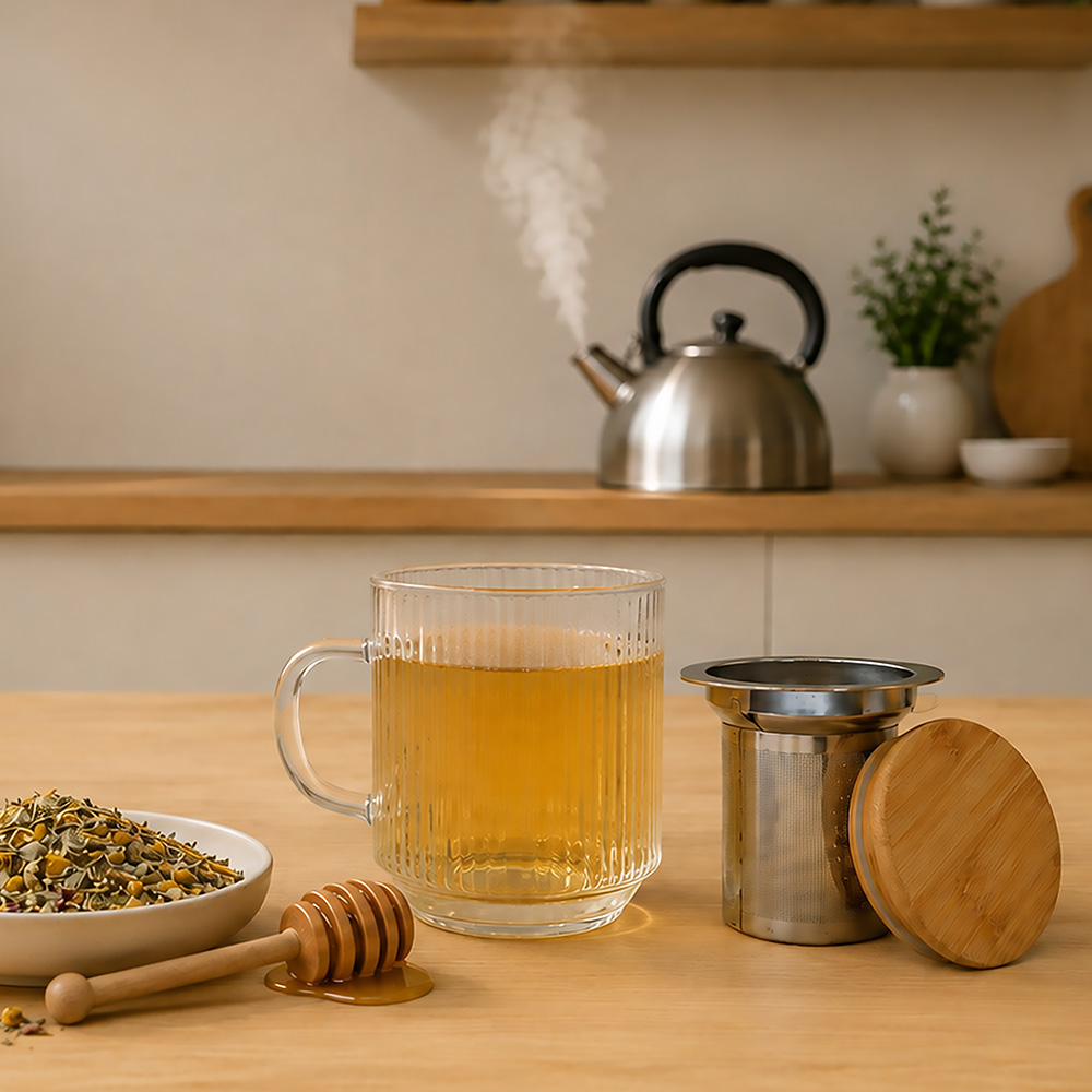 Mug Verre Strié + Infuseur Inox + Couvercle Bamboo