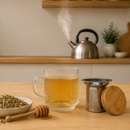 Mug verre stri&eacute; + infuseur inox + couvercle bamboo Disponible en octobre 2026