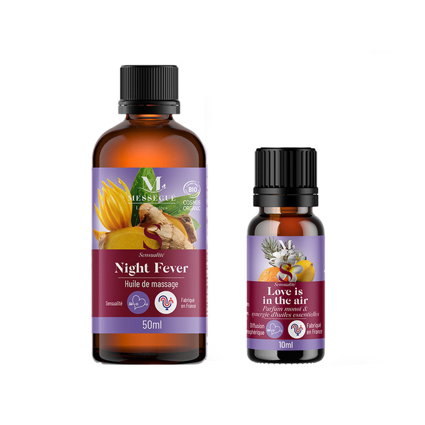 Duo huile massage & synergie dhuiles essentielles - plaisir intime