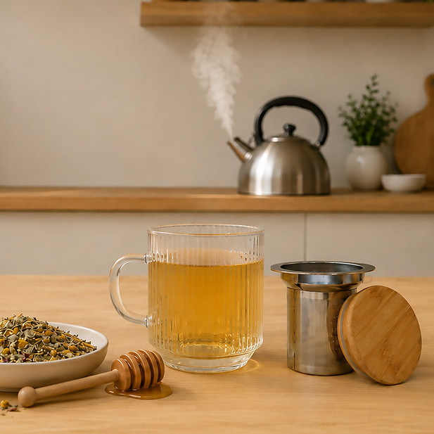 Mug Verre Strié + Infuseur Inox + Couvercle Bamboo